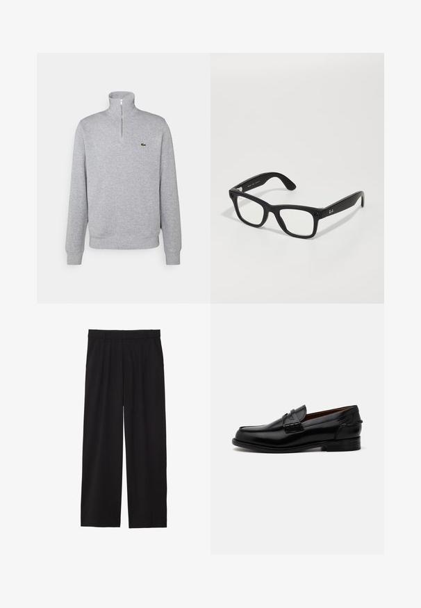 Grauer Sweatshirt mit Reißverschluss am Hals, weicher Stoff, lange Ärmel, gerippte Bündchen und Saum, mit einem kleinen grünen Logo auf der Brust.; Schwarze, weite Hose mit gefälteltem Vorderteil, seitlichen Taschen und einer glatten Stoffstruktur. Entworfen für eine entspannte Passform.; Schwarze Leder-Loafer mit leicht verlängertem Schnitt, mit gestickten Details und einem kleinen Absatz. Glatte, glänzende Oberfläche.; Schwarze rechteckige Brille mit klaren Gläsern. Acetatgestell, silberne Akzente an den Bügeln und Logo in der Nähe der Scharniere.