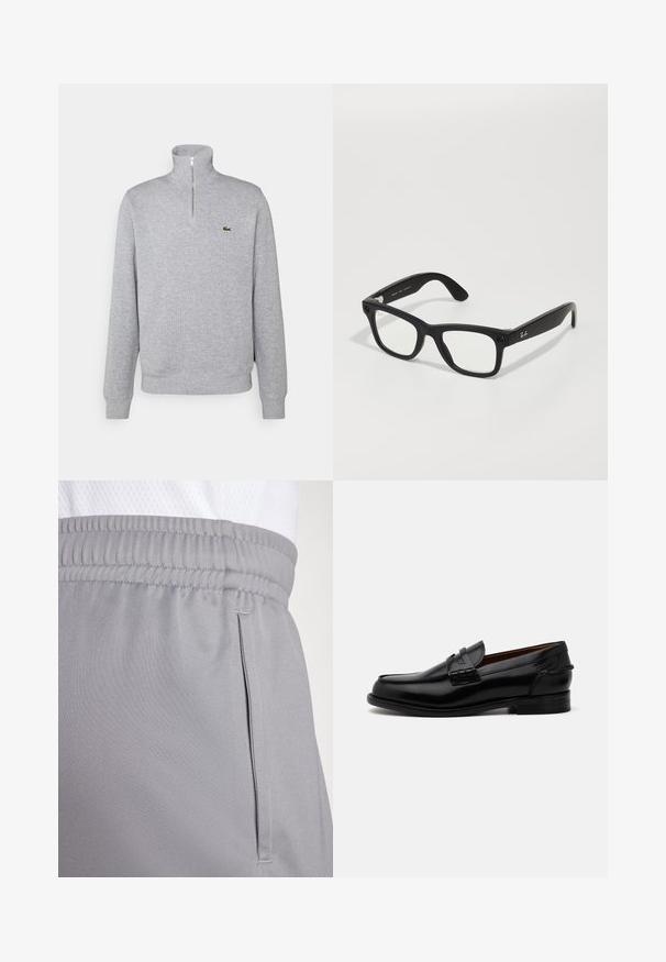 Gray zip-neck sweatshirt, soft fabric, long sleeves, ribbed cuffs and hem, featuring a small green logo on the chest.; Gray athletic shorts made from lightweight fabric, featuring an elastic waistband and a side pocket. Smooth texture with subtle stitching details.; Black leather loafers with a slightly elongated shape, featuring stitched detailing and a small heel. Smooth, glossy finish.; Black rectangular eyeglasses with clear lenses. Acetate frame, silver accents on temples, and logo near the hinges.