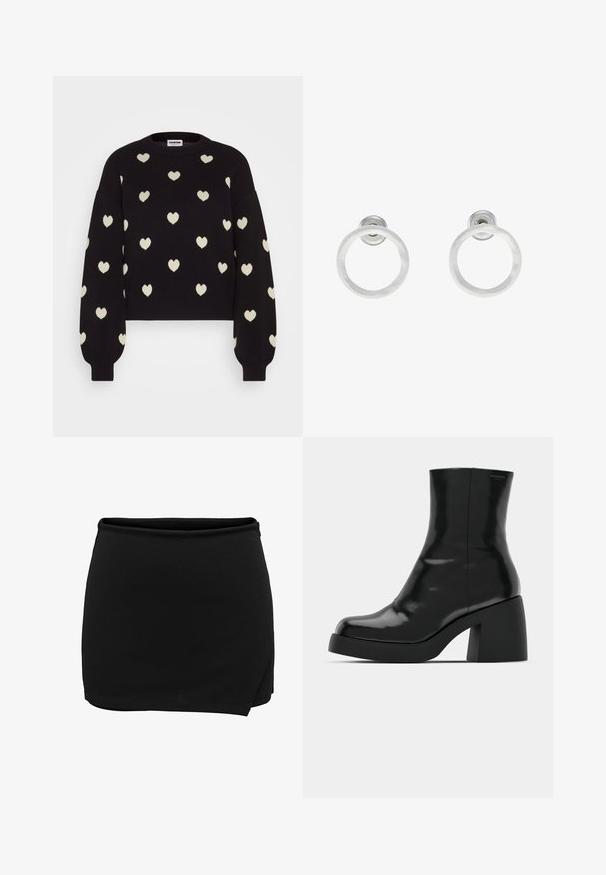 Noisy May NMCHARLOTT O NECK - Pulover - black/oatmeal; Črna krila z elastičnim pasom, zasnovana v stilu ovitka. Narejena iz gladkega materiala, ima preprost in čist silhuet. Brez dodatnih podrobnosti.; Črne gležnjarje z sijajno površino, kvadratnim nosom in debelim blokskim peto. Oblikovanje izstopa s brezšivno silhueto in minimalnim logotipiranjem.; Srebrni kovinski obročasti uhani z brušenjem, s krožno obliko in prozornim zatičem za varno nošenje.