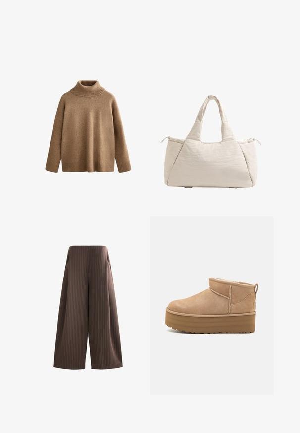 Hnedý pletený rolák s rebrovaným golierom a manžetami. Voľný strih s hladkou textúrou a bezšvovým dizajnom.; Hnedé široké nohavice s vertikálnymi bielymi pruhmi, obsahujúce bočné vrecká a hladkú textúru. Ploché pásy bez viditeľného hardvéru.; Béžové semišové členkové topánky s mäkkým interiérom, vybavené platformovou podrážkou a malým úchytom na zadnej strane pre jednoduché obúvanie. Textúrovaná gumová podrážka.; Béžová prešívaná taška s dvoma uchami, zaoblený tvar, textúrovaná látka a bočná vrecko so šnúrkou. Hladký povrch, minimalistický dizajn.