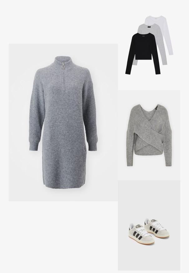 Pelēka apvalka džemperis ar dziļu V veida kakla izgriezumu, garām piedurknēm un ribu tekstūru. Izgatavots no mīksta adījuma materiāla ar slāņotu, asimetrisku dizainu.; Pelēka, ribota adīga kleita ar garām piedurknēm, augstu apkakli un priekšējo rāvējslēdzēju. Iespējojusi apaļu rāvējslēdzēja vilkšanas pogu un nedaudz pagarinātu apakšmalu.; Trīs garām piedurknēm veidotas augšdaļas, sakrautās: melna, pelēka un balta. Katram ir noapaļots kakla izgriezums un īsa dizaina forma ar gludu, vieglu audumu.; Pelēkas zamšādas kedas ar baltām saites, melnām svītrām un baltu gumijas zoli. Raksturīga apļa logo uz mēles un gumijas zole.