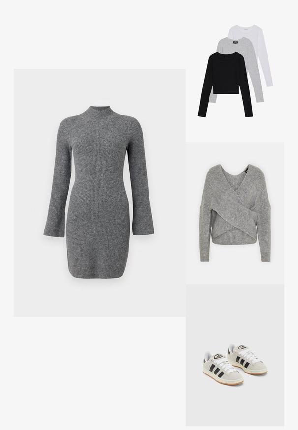 Suéter cinza envolvente com um decote em V profundo, mangas longas e textura canelada. Feito de um material de malha suave com um design assimétrico em camadas.; Vestido cinza tricotado com um colarinho alto, mangas longas e uma silhueta ajustada. Apresenta uma textura de canelado vertical. Comprimento da saia curto.; Três camisetas de manga longa empilhadas: preta, cinza e branca. Cada uma tem um decote redondo e um design cropped, feitas de um tecido leve e suave.; Tênis de camurça cinza com atacadores brancos, riscas pretas e uma sola de borracha branca. Apresenta um logótipo circular na língua e uma sola de borracha.