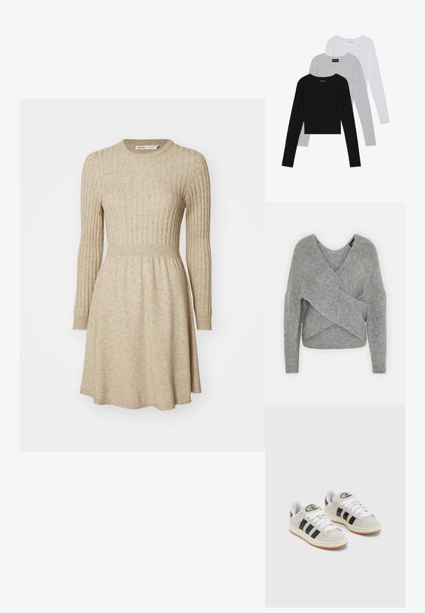 Pilkas aptraukiamas megztinis su giliu V formos iškirpimu, ilgomis rankovėmis ir riešutiniu tekstūru. Pagamintas iš minkštos megztos medžiagos su sluoksniuota, asimetrine konstrukcija.; Bežinė suknelė su raukšlėmis, ilgomis rankovėmis, apvaliu iškirpimu, prigludusia juosmens dalimi ir plačiu sijonu. Minkšta tekstūra su subtiliomis spalvų variacijomis.; Trijų ilgomis rankovėmis marškinėlių krūva: juodas, pilkas ir baltas. Kiekvienas turi apvalų iškirpimą ir trumpą dizainą, pagamintas iš lygaus, lengvo audinio.; Grynos zomšos sneakeriai su baltais raišteliais, juodomis juostelėmis ir balta gumine sole. Turintys apskritą logotipą ant liežuvėlio ir guminę sole.