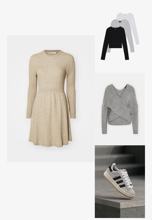 Szürke, mély V kivágású, hosszú ujjú kötött pulóver, bordás textúrával. Puha kötött anyagból készült, réteges, aszimmetrikus dizájnnal.; Beige bordás kötött ruha hosszú ujjakkal, kerek nyakkivágással, testhez álló derékkal és bővülő szoknyával. Puha textúra, finom színváltozatokkal.; Három hosszú ujjú póló egymásra rakva: fekete, szürke és fehér. Mindegyiknek kerek nyaka van, és rövidített fazonnal rendelkezik, sima, könnyű anyagból készült.; Szürke Adidas Campus sneaker fekete csíkokkal és fehér fűzőkkel, amely egy beton korlát felett lebeg, háttérben lépcsőkkel.