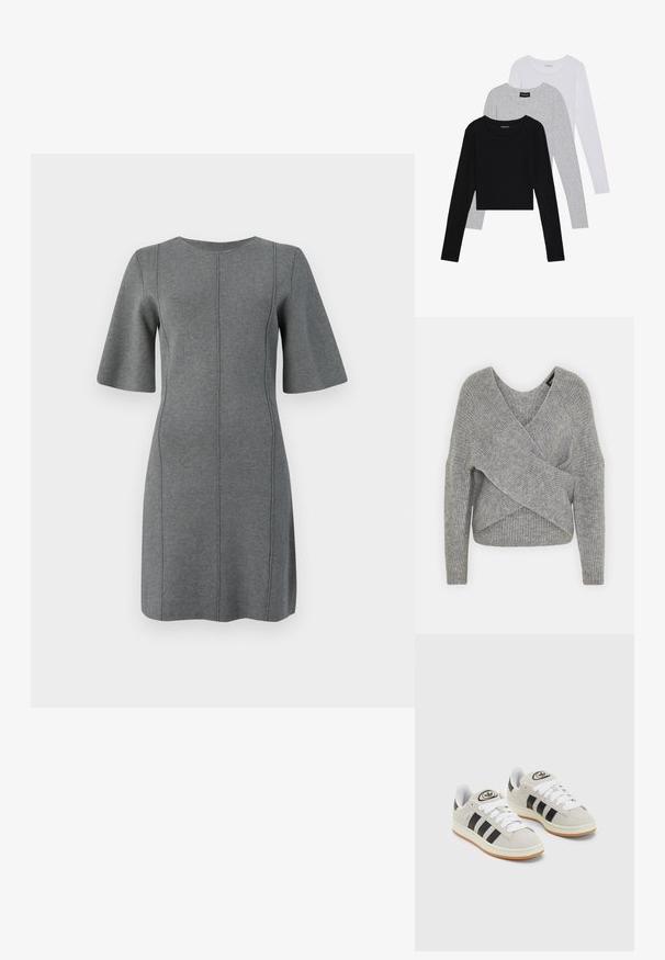 Hallide hallhargus, sügava V-kaelusega, pikkade varrukatega ja ribatrepiga. Valmistatud pehmest kudumismetallist, millel on kihiline, asümmeetriline disain.; Hall mustriga hall soe kleit lühikeste lehvivate varrukatega, ümar kaelus ja vertikaalsed õmblused. Siluda tekstuur ja põlve pikkus.; Kolm pikkade varrukatega toppi, mis on üksteise peale asetatud: must, hall ja valge. Igal ühel on ümar kaelus ja lühike disain, valmistatud siledast, kergekaalulisest kangast.; Hallid hallid nahkrennid valgete paeltega, mustade triipudega ja valge kummitaldiga. Omab ümmargust logo keeles ja kummitalda.