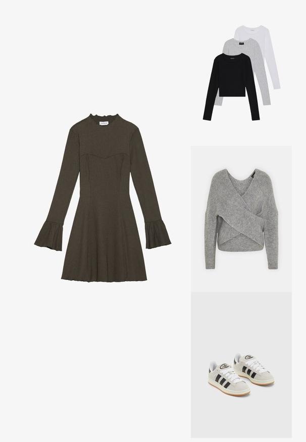 Szary sweter o luźnym kroju z głębokim dekoltem w kształcie litery V, długimi rękawami i prążkowaną teksturą. Wykonany z miękkiego materiału dzianinowego z warstwowym, asymetrycznym wzorem.; Sukienka z długim rękawem w oliwkowym kolorze, z dopasowanym gorsetem, rozkloszowanymi rękawami oraz falbaniastym dekoltem. Tkanina o strukturze z lekko rozkloszowanym dołem.; Trzy bluzki z długim rękawem ułożone jedna na drugiej: czarna, szara i biała. Każda z okrągłym dekoltem i skróconym fasonem, wykonana z gładkiego, lekkiego materiału.; Szare zamszowe trampki z białymi sznurówkami, czarnymi paskami i białą gumową podeszwą. Posiadają okrągłe logo na języku oraz gumową podeszwę.