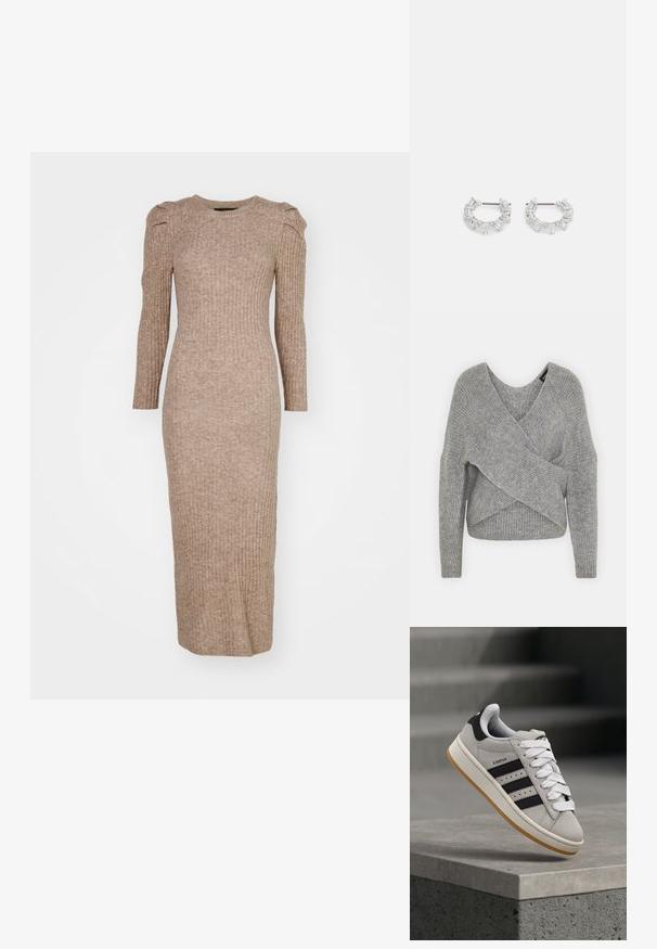 Maglione avvolgente grigio con scollatura a V profonda, maniche lunghe e texture a coste. Realizzato in un morbido materiale in maglia con un design asimmetrico a strati.; Abito a maniche lunghe in maglia a costine di colore marrone chiaro, con scollo a girocollo e dettagli sulle spalle a sbuffo, caratterizzato da una silhouette aderente.; Sneaker Adidas Campus grigia con strisce nere e lacci bianchi che fluttua sopra un bordo in cemento con scale sullo sfondo.; Orecchini a cerchio in argento con cristalli trasparenti, rettangolari e triangolari disposti in un design a motivi. presenza di perni per un fissaggio sicuro.
