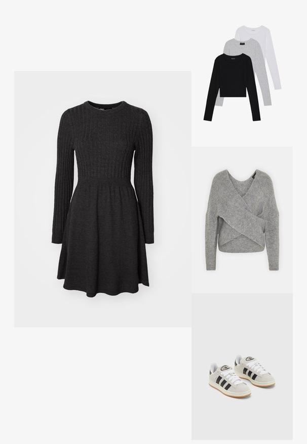 Grå omslagssweater med dyp V-hals, lange ermer og ribbestruktur. Laget av et mykt strikket materiale med et lagdelt, asymmetrisk design.; Mørkegrå ribbestrikket kjole med lange ermer, rund halsudskæring, tætsiddende liv og vidde nederst. Blød tekstur, allsidig design.; Tre lange ermer t-skjorter stablet: svart, grå og hvit. Hver har en rund hals og et kort design med glatt, lett stoff.; Grå semsket sneakers med hvite lisser, svarte striper og en hvit gummisåle. Har en sirkulær logo på tungen og en gummisåle.