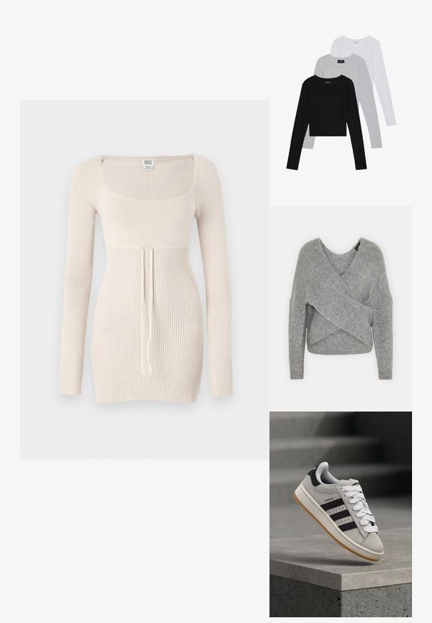 Gray wrap sweater with a deep V-neck, long sleeves, and ribbed texture. Made from a soft knit material with a layered, asymmetrical design.; Beige long-sleeve knit sweater with a square neckline, ribbed texture, drawstring detail at the waist, and fitted silhouette.; Three long-sleeve tops stacked: black, grey, and white. Each has a round neckline and a cropped design with smooth, lightweight fabric.; Gray Adidas Campus sneaker with black stripes and white laces floating above a concrete ledge with stairs in the background.