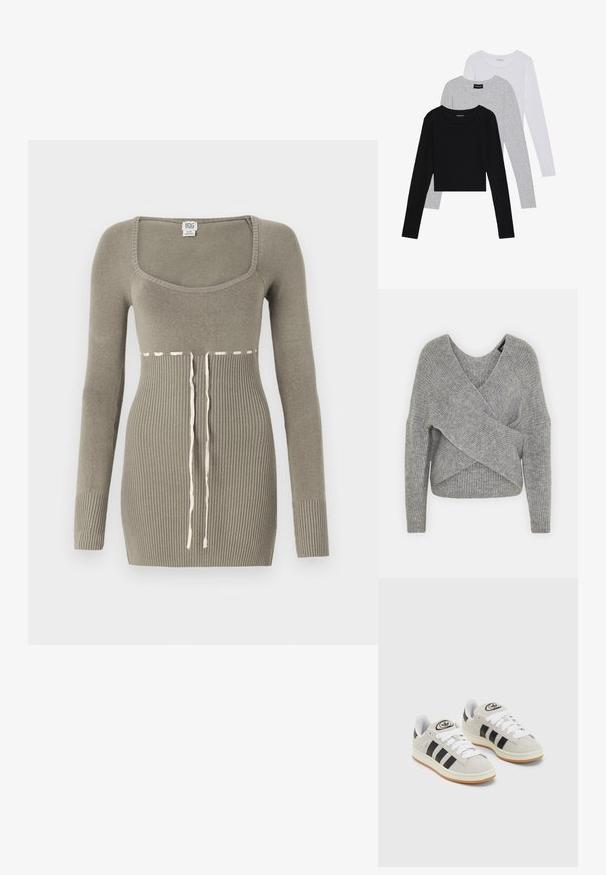 Siva omotana vestica s dubokim V-izrezom, dugim rukavima i rebrastom teksturom. Izrađena od mekog pletenog materijala s slojevitim, asimetričnim dizajnom.; Zelena pletena haljina s dugim rukavima, kvadratnim izrezom, rebrastom teksturom na tijelu i detaljem s vezicom u kontrastnoj bijeloj boji na struku.; Tri dugih rukava posložena: crna, siva i bijela. Svaka ima okrugli izrez i skrateni kroj s glatkom, laganom tkaninom.; Sive suede tenisice s bijelim vezicama, crnim prugama i bijelim gumiranim potplatom. Imaju kružni logo na jeziku i gumeni potplat.