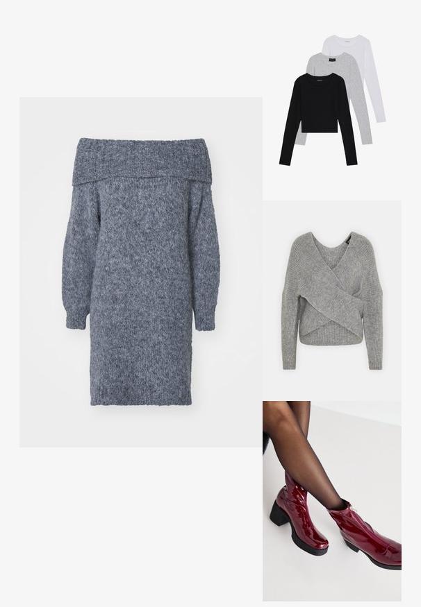 Szürke, mély V kivágású, hosszú ujjú kötött pulóver, bordás textúrával. Puha kötött anyagból készült, réteges, aszimmetrikus dizájnnal.; Vállon kívüli, puha, textúrált szürke fonalból készült kötött ruha. Puffos ujjú és laza szabású.; Három hosszú ujjú póló egymásra rakva: fekete, szürke és fehér. Mindegyiknek kerek nyaka van, és rövidített fazonnal rendelkezik, sima, könnyű anyagból készült.; Piros lakkbőr bokacsizma vastag fekete sarokkal és cipzár részlettel. Sima textúra, elegáns megjelenés lekerekített orral.