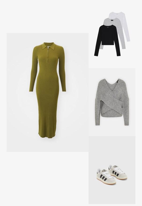 Szürke, mély V kivágású, hosszú ujjú kötött pulóver, bordás textúrával. Puha kötött anyagból készült, réteges, aszimmetrikus dizájnnal.; Hosszú, bordázott ruha olíva zöld színben, gallérral és fél cipzárral. Testhez simuló sziluett, hosszú ujjal, vádlialig érő hosszal.; Három hosszú ujjú póló egymásra rakva: fekete, szürke és fehér. Mindegyiknek kerek nyaka van, és rövidített fazonnal rendelkezik, sima, könnyű anyagból készült.; Szürke velúr sportcipők fehér fűzővel, fekete csíkokkal és fehér gumitalppal. A nyelvén kör alakú logó található, illetve a talpa színes gumi.