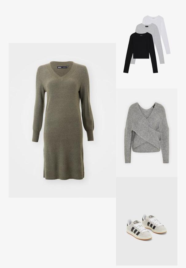 Suéter cinza envolvente com um decote em V profundo, mangas longas e textura canelada. Feito de um material de malha suave com um design assimétrico em camadas.; Vestido de malha verde oliva com decote em V e mangas longas, apresentando um corpete ajustado e um ajuste descontraído ao longo dos quadris, textura canelada.; Três camisetas de manga longa empilhadas: preta, cinza e branca. Cada uma tem um decote redondo e um design cropped, feitas de um tecido leve e suave.; Tênis de camurça cinza com atacadores brancos, riscas pretas e uma sola de borracha branca. Apresenta um logótipo circular na língua e uma sola de borracha.