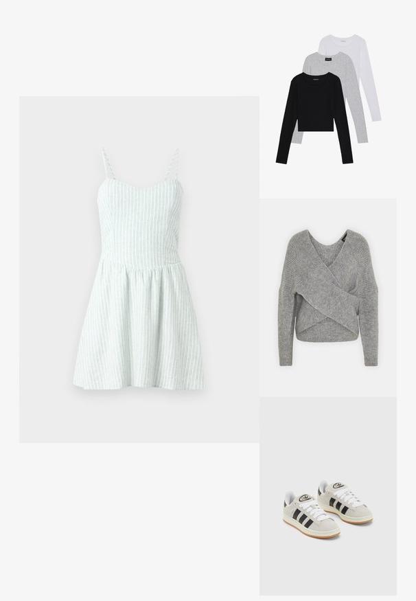 Grå omslagssweater med dyp V-hals, lange ermer og ribbestruktur. Laget av et mykt strikket materiale med et lagdelt, asymmetrisk design.; Stropkjole i lysegrønt stoff med hvite vertikale striper. Tettsittende bodice flyter over i en utsvingt skjørt som viser en teksturert overflate.; Tre lange ermer t-skjorter stablet: svart, grå og hvit. Hver har en rund hals og et kort design med glatt, lett stoff.; Grå semsket sneakers med hvite lisser, svarte striper og en hvit gummisåle. Har en sirkulær logo på tungen og en gummisåle.
