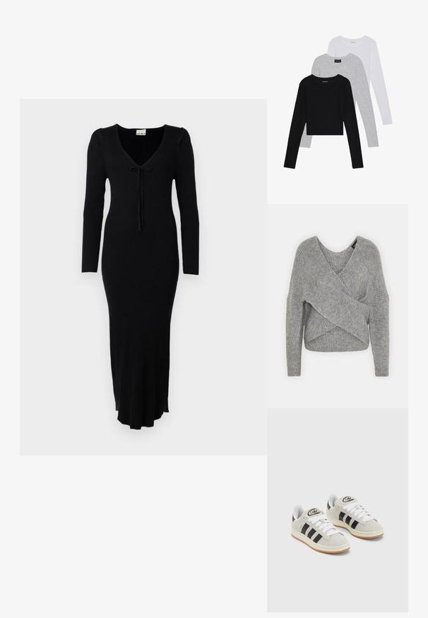 Harmaa neulejakku, jossa on syvä V-kaula-aukko, pitkät hihat ja ribboitu pinta. Valmistettu pehmeästä neuloksesta, jossa on kerroksellinen ja epäsymmetrinen muotoilu.; Mustassa ribbikuvioidussa neulemekossa on pitkät hihat, V-pääntie ja solmukiinnitys edessä. Mekko on vartalonmyötäinen ja siinä on liehukehä.; Kolme pitkähihasta paita päällekkäin: musta, harmaa ja valkoinen. Jokaisessa on pyöreä pääntie ja lyhennetty muotoilu, jossa on sileä ja kevyt kangas.; Harmaat mokkasiinikenkä, joissa on valkoiset nauhat, mustat raidat ja valkoinen kumipohja. Kantajassa on pyöreä logo ja vaaleanruskea pohja.