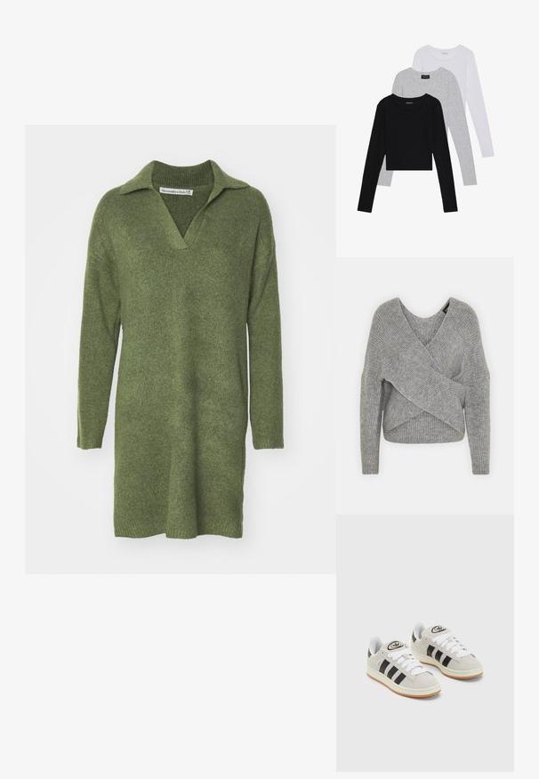 Hallide hallhargus, sügava V-kaelusega, pikkade varrukatega ja ribatrepiga. Valmistatud pehmest kudumismetallist, millel on kihiline, asümmeetriline disain.; Roheline kudumkleit krae ja pikkade varrukatega. Omab lõdva sobivust ja veidi kitsenevat allserva, valmistatud pehmest villa segust.; Kolm pikkade varrukatega toppi, mis on üksteise peale asetatud: must, hall ja valge. Igal ühel on ümar kaelus ja lühike disain, valmistatud siledast, kergekaalulisest kangast.; Hallid hallid nahkrennid valgete paeltega, mustade triipudega ja valge kummitaldiga. Omab ümmargust logo keeles ja kummitalda.