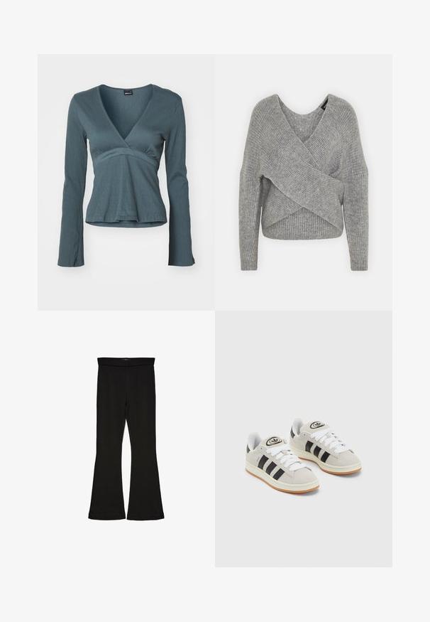 Grå omslagssweater med dyp V-hals, lange ermer og ribbestruktur. Laget av et mykt strikket materiale med et lagdelt, asymmetrisk design.; Langermet omslagstopp i dyp teal med strukturert overflate, med V-hals og formsydd midje som brekker litt ut ved falden.; Sorte flared leggings laget av stretchy stoff. Har en bred midjebånd og en glatt tekstur, med en tettsittende silhuett som blir videre nedover.; Grå semsket sneakers med hvite lisser, svarte striper og en hvit gummisåle. Har en sirkulær logo på tungen og en gummisåle.