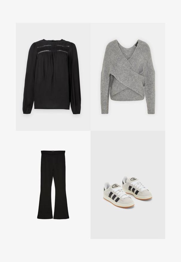 Harmaa neulejakku, jossa on syvä V-kaula-aukko, pitkät hihat ja ribboitu pinta. Valmistettu pehmeästä neuloksesta, jossa on kerroksellinen ja epäsymmetrinen muotoilu.; Musta pitkähihainen paita, jossa on pyöreä kaula-aukko, rypytettyjä yksityiskohtia ja kerättyä kangasta rinnan ja hihojen kohdalla. Sujuva rakenne.; Mustat leveät legginsit, jotka on valmistettu joustavasta kankaasta. Niissä on leveä vyötärö ja sileä pinta, sekä vartalonmyötäinen leikkaus, joka levenee helmassa.; Harmaat mokkasiinikenkä, joissa on valkoiset nauhat, mustat raidat ja valkoinen kumipohja. Kantajassa on pyöreä logo ja vaaleanruskea pohja.