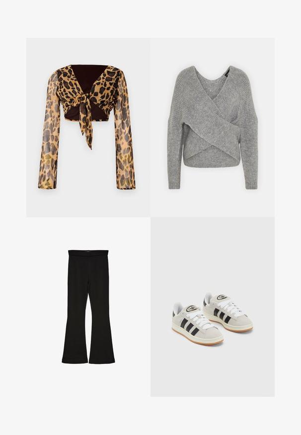 Hallide hallhargus, sügava V-kaelusega, pikkade varrukatega ja ribatrepiga. Valmistatud pehmest kudumismetallist, millel on kihiline, asümmeetriline disain.; Leopardimustriga lühike top pika läbipaistva varrukaga ja pruunist sidumisdetailist vööl. Sile, kergest kangast riie, mis on istuv disain.; Mustad mustad sääred, mis on valmistatud venivast kangast. Omab laia vööd ja siledat tekstuuri, sobituv siluett, mis laieneb allservas.; Hallid hallid nahkrennid valgete paeltega, mustade triipudega ja valge kummitaldiga. Omab ümmargust logo keeles ja kummitalda.