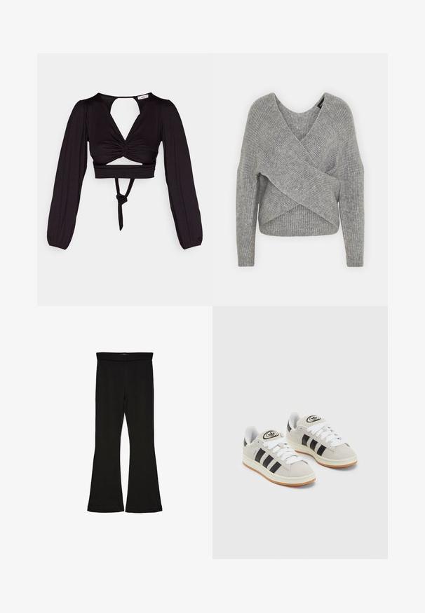 Szary sweter o luźnym kroju z głębokim dekoltem w kształcie litery V, długimi rękawami i prążkowaną teksturą. Wykonany z miękkiego materiału dzianinowego z warstwowym, asymetrycznym wzorem.; Czarny krótki top z długimi bufiastymi rękawami, skręconym przodem i otwartym plecami. Posiada wiązanie w talii oraz gładki, elastyczny materiał.; Czarne legginsy w stylu dzwonów wykonane z elastycznej tkaniny. Posiadają szeroki pas i gładką teksturę, z dopasowanym krojem, który rozszerza się ku dołowi.; Szare zamszowe trampki z białymi sznurówkami, czarnymi paskami i białą gumową podeszwą. Posiadają okrągłe logo na języku oraz gumową podeszwę.