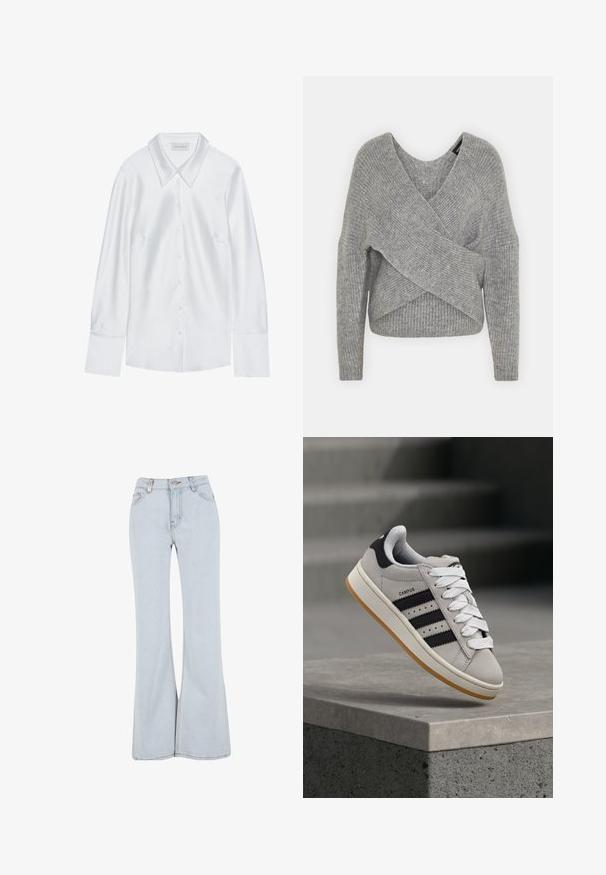 Grau umwickelter Pullover mit tiefem V-Ausschnitt, langen Ärmeln und gerippter Textur. Hergestellt aus einem weichen Strickmaterial mit einem geschichteten, asymmetrischen Design.; Weißes Langarmhemd mit klassischem Kragen, mit durchgehender Knopfleiste und glatter Textur, gefertigt aus leichtem Stoff mit einem dezenten Glanz.; Helle blaue ausgestellte Jeans aus Denim mit hoher Taille, fünf Taschen und kontrastierender Naht entlang der Nähte.; Grauer Adidas Campus Sneaker mit schwarzen Streifen und weißen Schnürsenkeln, der über einer Betonmauer schwebt, mit Treppen im Hintergrund.