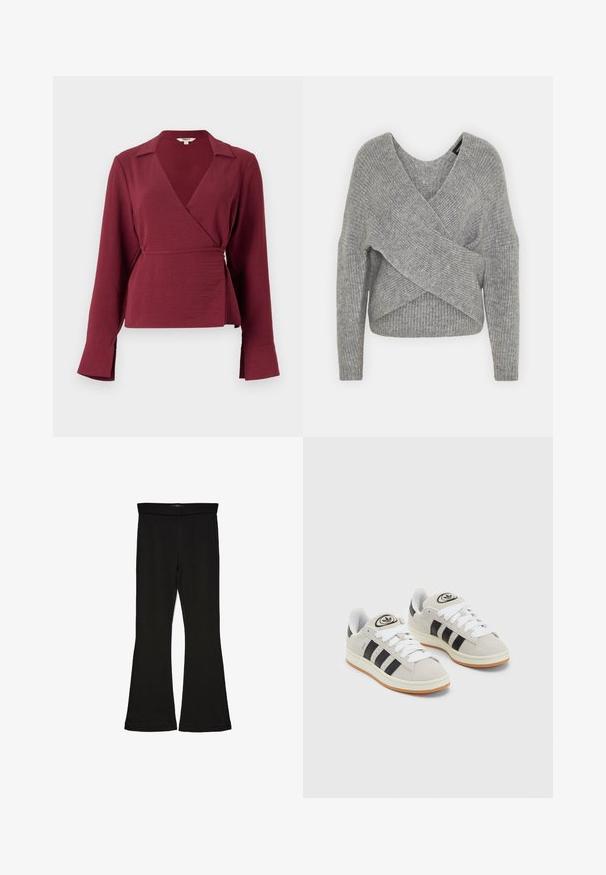 Pilkas aptraukiamas megztinis su giliu V formos iškirpimu, ilgomis rankovėmis ir riešutiniu tekstūru. Pagamintas iš minkštos megztos medžiagos su sluoksniuota, asimetrine konstrukcija.; Bordo apvyniojimo bliuska su ilgomis rankovėmis, iškarpytu apykakle ir raišteliu juosmens dalyje, pasižyminti tekstūruotu audiniu ir platėjančiomis rankovių apačiomis.; Juodos flared tipo legginsai, pagaminti iš tamprios medžiagos. Yra platus juosmuo ir lygus paviršius, su prie kūno priglundančiu siluetu, kuris pločiasi ties apatine dalimi.; Grynos zomšos sneakeriai su baltais raišteliais, juodomis juostelėmis ir balta gumine sole. Turintys apskritą logotipą ant liežuvėlio ir guminę sole.