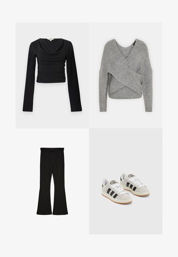 Harmaa neulejakku, jossa on syvä V-kaula-aukko, pitkät hihat ja ribboitu pinta. Valmistettu pehmeästä neuloksesta, jossa on kerroksellinen ja epäsymmetrinen muotoilu.; Musta pitkähihaine paita, jossa on kietaisukaula-aukko ja rakenteellinen kangas; istuva muotoilu, joka on lyhennetty vyötärölle, ja sileät, tasaiset saumat.; Mustat leveät legginsit, jotka on valmistettu joustavasta kankaasta. Niissä on leveä vyötärö ja sileä pinta, sekä vartalonmyötäinen leikkaus, joka levenee helmassa.; Harmaat mokkasiinikenkä, joissa on valkoiset nauhat, mustat raidat ja valkoinen kumipohja. Kantajassa on pyöreä logo ja vaaleanruskea pohja.