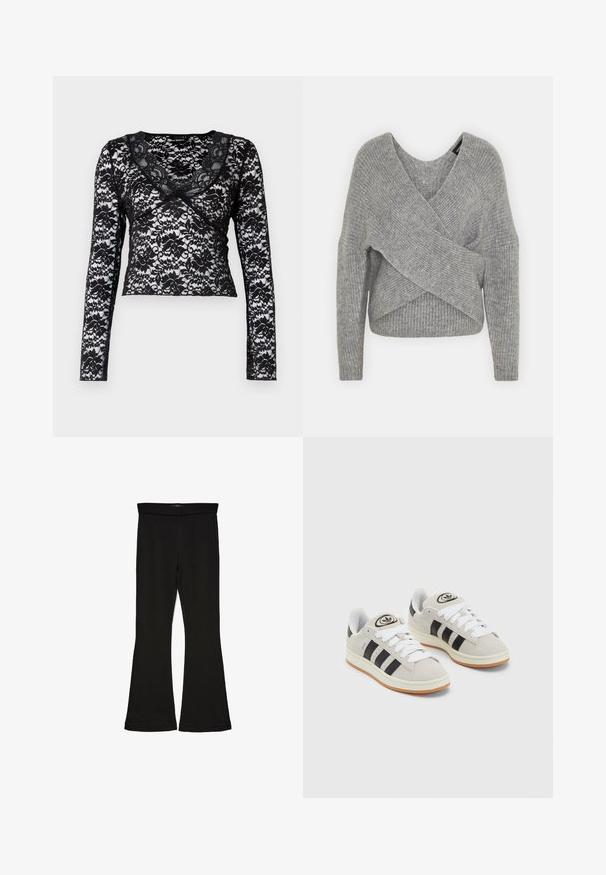 Grå omslagssweater med dyp V-hals, lange ermer og ribbestruktur. Laget av et mykt strikket materiale med et lagdelt, asymmetrisk design.; Gina Tricot Topper langermet - black; Sorte flared leggings laget av stretchy stoff. Har en bred midjebånd og en glatt tekstur, med en tettsittende silhuett som blir videre nedover.; Grå semsket sneakers med hvite lisser, svarte striper og en hvit gummisåle. Har en sirkulær logo på tungen og en gummisåle.