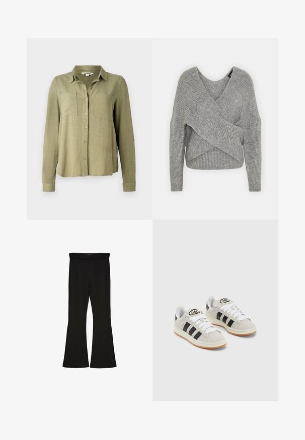 Pilkas aptraukiamas megztinis su giliu V formos iškirpimu, ilgomis rankovėmis ir riešutiniu tekstūru. Pagamintas iš minkštos megztos medžiagos su sluoksniuota, asimetrine konstrukcija.; Alyvuogių žalios spalvos marškiniai su ilgomis rankovėmis, dviem krūtinės kišenėmis ir apykakle. Pagaminti iš lengvos, tekstūruotos medžiagos.; Juodos flared tipo legginsai, pagaminti iš tamprios medžiagos. Yra platus juosmuo ir lygus paviršius, su prie kūno priglundančiu siluetu, kuris pločiasi ties apatine dalimi.; Grynos zomšos sneakeriai su baltais raišteliais, juodomis juostelėmis ir balta gumine sole. Turintys apskritą logotipą ant liežuvėlio ir guminę sole.