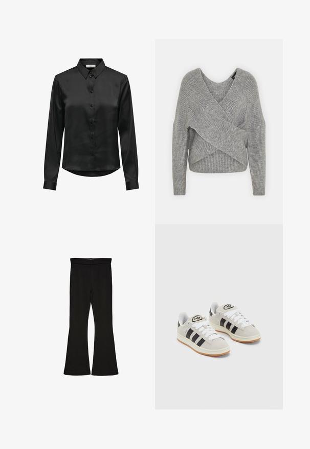 Siva ovitek pulover z globokim V-izrezom, dolgimi rokavi in ribasto teksturo. Narejen iz mehke pletene tkanine z plastnim, asimetričnim dizajnom.; Črna satenasta srajca z dolgimi rokavi, z gumbom na sprednji strani, klasičnim ovratnikom in ukrivljenim robom. Ima subtilen sijaj in oprijete rokave.; Črne flare leggings iz raztegljive tkanine. Imajo širok pas in gladko teksturo, s prilegajočo silhueto, ki se na robu razširi.; Sive športne čevlje iz semiša z belimi vezalkami, črnimi črtami in belim gumijastim podplatom. Imajo okroglo oznako na ježku in podplat iz gume.