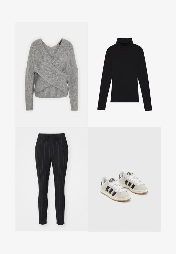 Szürke, mély V kivágású, hosszú ujjú kötött pulóver, bordás textúrával. Puha kötött anyagból készült, réteges, aszimmetrikus dizájnnal.; Fekete garbónyakú, hosszú ujjú felső, bordás anyagból készült, testhez álló fazonnal, magas nyakkal, minták és díszítések nélkül.; Fekete nadrág, függőleges fehér csíkokkal, puha anyagból készült, húzózsinórral ellátott derékkal és tapered lábazatú kialakítással.; Szürke velúr sportcipők fehér fűzővel, fekete csíkokkal és fehér gumitalppal. A nyelvén kör alakú logó található, illetve a talpa színes gumi.