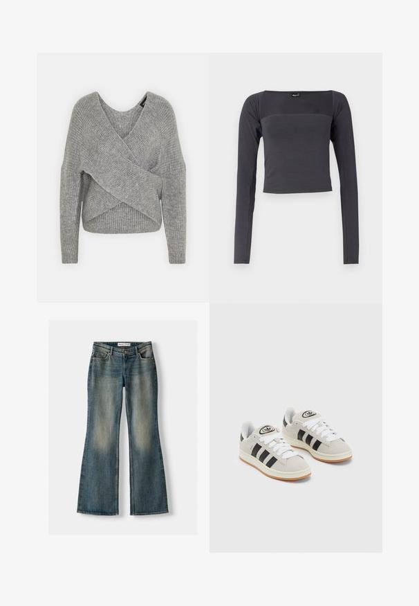 Pullover griș cu un decolteu adânc în V, mâneci lungi și textură cu ochiuri. Fabricat dintr-un material tricotat moale, cu un design stratificat și asimetric.; Top scurt cu mânecă lungă, dintr-un material de culoare gri închis, cu o textură netedă. Prezintă un decolteu pătrat și un design mulat.; Jeans evazați albaștri cu o spălare decolorată, cinci buzunare și închidere cu nasture. Materialul arată o textură de denim cu detalii de cusătură subtile.; Adidași din suede gri cu șireți albi, dungi negre și talpă din cauciuc alb. Prezintă un logo circular pe limbă și o talpă din cauciuc.