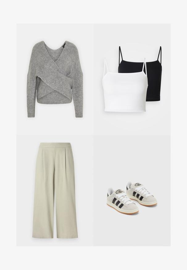 Siva ovitek pulover z globokim V-izrezom, dolgimi rokavi in ribasto teksturo. Narejen iz mehke pletene tkanine z plastnim, asimetričnim dizajnom.; Dve rebraste majice brez rokavov v beli in črni barvi, z tankimi nastavljivimi naramnicami in krajšim dizajnom. Mehka tkanina z gladko teksturo.; Svijetlosive široke hlače od mekane tkanine, s glatkim pojasom i prednjim nabora, dosežu dužinu do sredine tele.; Sive športne čevlje iz semiša z belimi vezalkami, črnimi črtami in belim gumijastim podplatom. Imajo okroglo oznako na ježku in podplat iz gume.