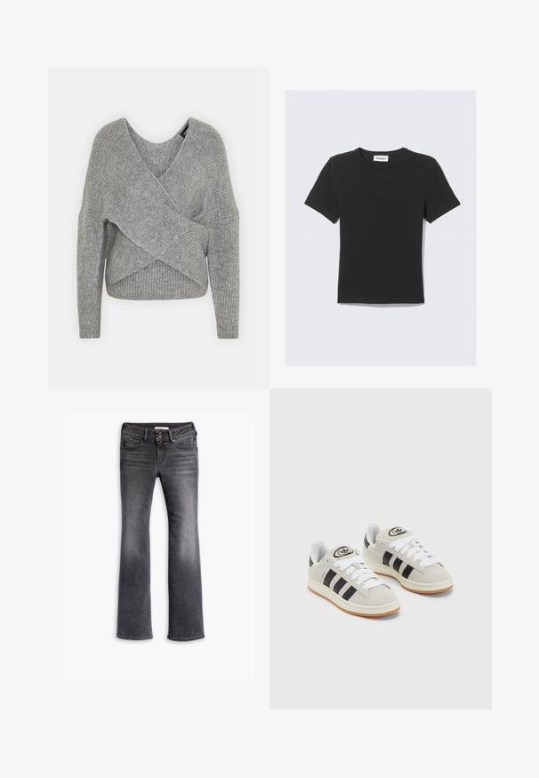 Hallide hallhargus, sügava V-kaelusega, pikkade varrukatega ja ribatrepiga. Valmistatud pehmest kudumismetallist, millel on kihiline, asümmeetriline disain.; Mustast pehmest puuvillast lühikeste varrukatega T-särk, millel on ümara kaelusega ja regulaarne lõige, ilma nähtavate mustrite või aktsentideta.; Tumed hallidega flared teksad, millel on nupuvajutus, viis taskut, kerge kulumine ning kontrastne õmblus servadel.; Hallid hallid nahkrennid valgete paeltega, mustade triipudega ja valge kummitaldiga. Omab ümmargust logo keeles ja kummitalda.