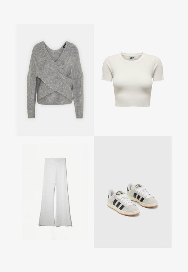 Pullover griș cu un decolteu adânc în V, mâneci lungi și textură cu ochiuri. Fabricat dintr-un material tricotat moale, cu un design stratificat și asimetric.; Top scurt din bumbac alb, cu nervuri, cu mâneci scurte și decolteu rotund, având un design ajustat pentru o siluetă elegantă.; Pantaloni largi de culoare gri deschis, confecționați dintr-un material moale, având o talie înaltă și fante pe laterale pentru un plus de fluiditate și confort.; Adidași din suede gri cu șireți albi, dungi negre și talpă din cauciuc alb. Prezintă un logo circular pe limbă și o talpă din cauciuc.
