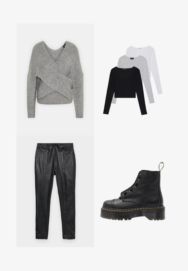 Suéter cinza envolvente com um decote em V profundo, mangas longas e textura canelada. Feito de um material de malha suave com um design assimétrico em camadas.; Três blusas de manga longa em preto, cinza e branco, com decote em V e um design cropped. Feitas de um tecido macio e leve.; Calças de couro preta com corte justo, apresentando uma cintura elástica e dois bolsos frontais com detalhes cosidos. Acabamento suave e texturizado.; Bota de tornozelo em couro preto com superfície texturizada, bico redondo, fecho com atacadores, costura amarela e uma sola plataforma preta grossa e estriada.