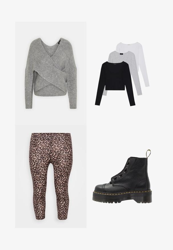 Grå omslagströja med djup V-ringning, långa ärmar och ribbad struktur. Tillverkad av ett mjukt stickat material med en lager-på-lager, asymmetrisk design.; Tre långärmade toppar i svart, grått och vitt, med V-ringad hals och en kort design. Tillverkade av mjukt, lätt tyg.; Leggings i leopardmönster med en åtsittande design, elastisk midja, slät textur och en ljusbeige bakgrund med mörkbruna fläckar.; Svart läderankelboot med texturerad yta, rund tå, snörningsdesign, gul stygn och en tjock, mönstrad svart plattformssula.