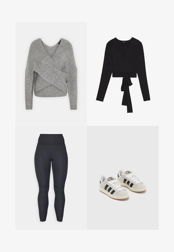 Sivý cardigan s hlbokým V- výstrihom, dlhými rukávmi a rebrovanou textúrou. Vyrobený z mäkkého pleteného materiálu s viacvrstvovým, asymetrickým dizajnom.; Even&Odd Top s dlhým rukávom - black; Vysoké čierne rebrované legíny s priliehavým strihom, hladkou textúrou a dĺžkou po celej nohe. Majú široký pás pre podporu.; Sivé semišové tenisky s bielymi šnúrkami, čiernymi pruhmi a bielou gumovou podrážkou. Obsahujú okrúhly logo na jazyku a gumenú podrážku.