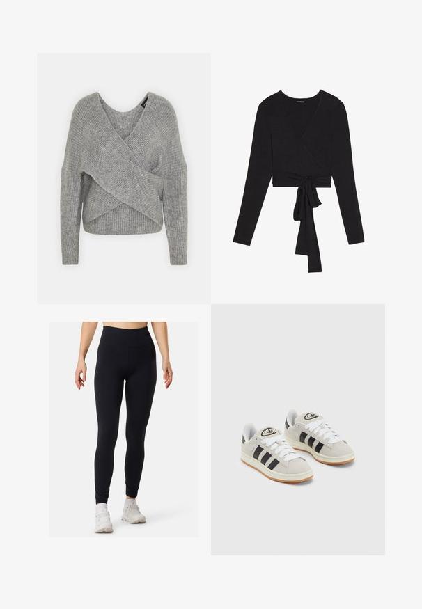 Maglione avvolgente grigio con scollatura a V profonda, maniche lunghe e texture a coste. Realizzato in un morbido materiale in maglia con un design asimmetrico a strati.; Even&Odd Maglietta a manica lunga - black; Leggings neri a vita alta, realizzati in un materiale liscio e elastico. Presentano un design aderente e cuciture piatte, adatti per abbigliamento sportivo.; Sneakers in suede grigio con lacci bianchi, strisce nere e suola in gomma bianca. Presentano un logo circolare sulla linguetta e una suola in gomma.