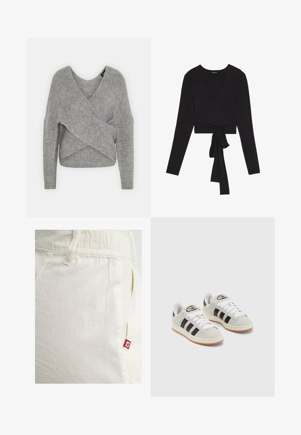 Pullover griș cu un decolteu adânc în V, mâneci lungi și textură cu ochiuri. Fabricat dintr-un material tricotat moale, cu un design stratificat și asimetric.; Even&Odd Bluză cu mânecă lungă - black; Pantaloni de trening de culoare crem, cu talie elastică și buzunar lateral, având un mic eticheta cu logo roșu și o stea pe buzunarul din dreapta.; Adidași din suede gri cu șireți albi, dungi negre și talpă din cauciuc alb. Prezintă un logo circular pe limbă și o talpă din cauciuc.