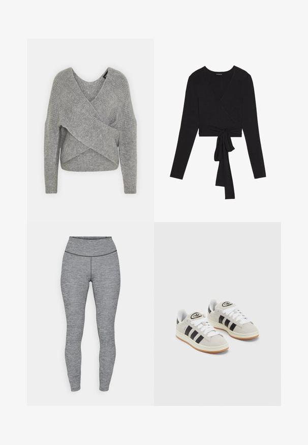 Sivý cardigan s hlbokým V- výstrihom, dlhými rukávmi a rebrovanou textúrou. Vyrobený z mäkkého pleteného materiálu s viacvrstvovým, asymetrickým dizajnom.; Even&Odd Top s dlhým rukávom - black; Šedé legíny s vysokým pásom vyrobené z textúrovanej látky. Navrhnuté pre priliehavý strih, s bezšvovým pásom a bez viditeľných prvkov.; Sivé semišové tenisky s bielymi šnúrkami, čiernymi pruhmi a bielou gumovou podrážkou. Obsahujú okrúhly logo na jazyku a gumenú podrážku.