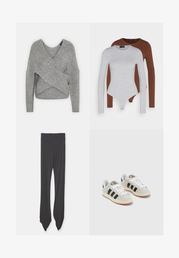 Pull en gris avec un col en V profond, des manches longues et une texture côtelée. Fabriqué en matériau tricoté doux avec un design asymétrique superposé.; Deux bodysuits à manches longues : un gris et un marron, tous deux en tissu lisse. Ils présentent des encolures rondes et un design ajusté.; Leggings gris foncé en tissu doux, dotés d'une large ceinture et d'extrémités effilées. Le design est lisse sans motifs.; Baskets en suède gris avec des lacets blancs, des rayures noires et une semelle en caoutchouc blanc. Présentent un logo circulaire sur la languette et une semelle en gomme.