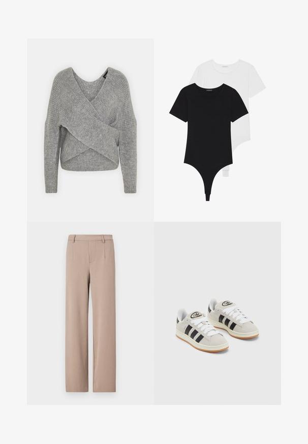 Šedý svetr s volnějším V-výstřihem, dlouhými rukávy a žebrovanou strukturou. Vyrobeno z měkké pleteniny s vrstveným, asymetrickým designem.; Černobílé body s krátkým rukávem a kulatým výstřihem, s thong spodní částí, vyrobené z hladké, elastické tkaniny.; Světle béžové kalhoty s rovnýma nohama, strukturovaným střihem a předními kapsami, hladkým povrchem a pasem.; Šedé semišové tenisky s bílými tkaničkami, černými pruhy a bílou gumovou podrážkou. Mají kulaté logo na jazyku a gumovou podrážku.