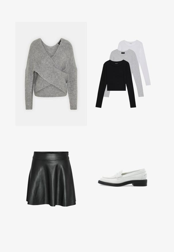 Grå indpakningssweater med dyb V-udskæring, lange ærmer og ribbet tekstur. Fremstillet i et blødt strikkemateriale med et lagdelt, asymmetrisk design.; Tre langærmede toppe stablet: sort, grå og hvid. Hver har en rund halsudskæring og et cropped design med glat, let stof.; Sort nederdel i kunstlæder med et udvidet A-linje design, der har en glat, skinnende overflade og en tætsiddende talje.; Hvide læder loafers med en flad sort sål, prydet med dekorativ syning og rund tå. Simpelt design, egnet til både casual og formelt brug.