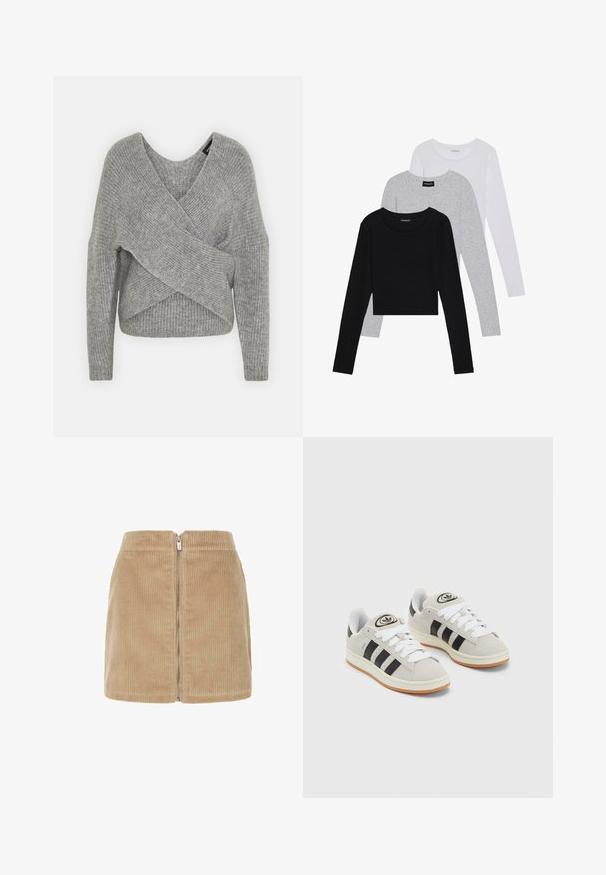 Szary sweter o luźnym kroju z głębokim dekoltem w kształcie litery V, długimi rękawami i prążkowaną teksturą. Wykonany z miękkiego materiału dzianinowego z warstwowym, asymetrycznym wzorem.; Trzy bluzki z długim rękawem ułożone jedna na drugiej: czarna, szara i biała. Każda z okrągłym dekoltem i skróconym fasonem, wykonana z gładkiego, lekkiego materiału.; Beżowa mini spódnica z korduroy, z pionową żebrowaną teksturą, wysokim stanem i zapięciem na zamek z przodu. Prosty design z czystymi liniami.; Szare zamszowe trampki z białymi sznurówkami, czarnymi paskami i białą gumową podeszwą. Posiadają okrągłe logo na języku oraz gumową podeszwę.