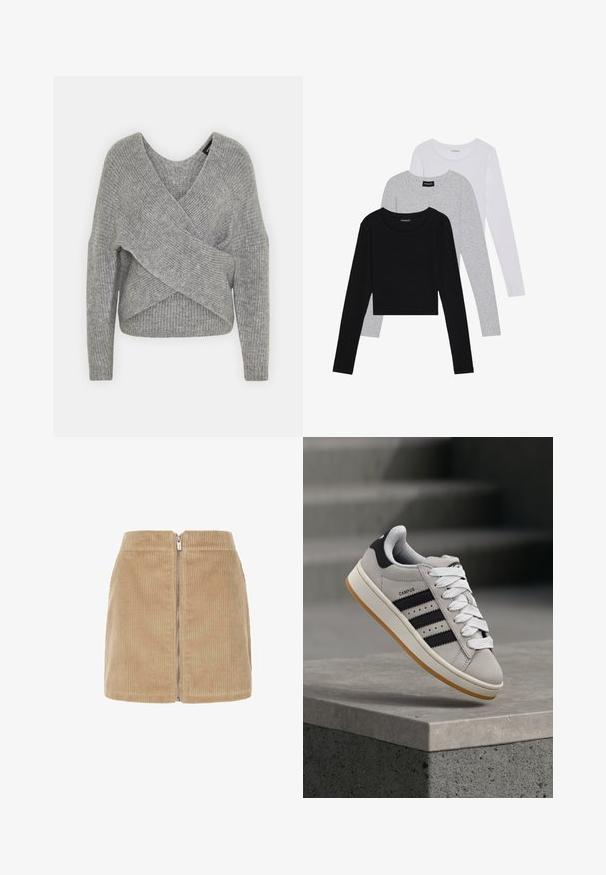 Grå indpakningssweater med dyb V-udskæring, lange ærmer og ribbet tekstur. Fremstillet i et blødt strikkemateriale med et lagdelt, asymmetrisk design.; Tre langærmede toppe stablet: sort, grå og hvid. Hver har en rund halsudskæring og et cropped design med glat, let stof.; Kordfløjl mini nederdel i beige med lodrette ribbede teksturer, høj talje og lynlås foran. Simpelt design med rene linjer.; Grå Adidas Campus-sneaker med sorte striber og hvide snørebånd, der svæver over en betonkant med trapper i baggrunden.