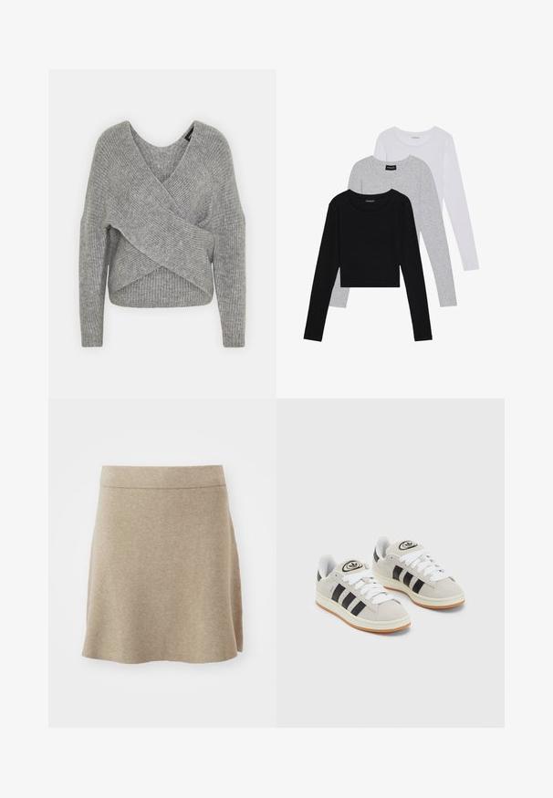 Szürke, mély V kivágású, hosszú ujjú kötött pulóver, bordás textúrával. Puha kötött anyagból készült, réteges, aszimmetrikus dizájnnal.; Három hosszú ujjú póló egymásra rakva: fekete, szürke és fehér. Mindegyiknek kerek nyaka van, és rövidített fazonnal rendelkezik, sima, könnyű anyagból készült.; Beige szoknya puha anyagból, A-vonalú kialakítás, finom textúrával és egyenes szegéllyel. Egyszínű, látható minták vagy díszítések nélkül.; Szürke velúr sportcipők fehér fűzővel, fekete csíkokkal és fehér gumitalppal. A nyelvén kör alakú logó található, illetve a talpa színes gumi.
