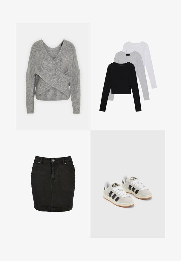 Pelēka apvalka džemperis ar dziļu V veida kakla izgriezumu, garām piedurknēm un ribu tekstūru. Izgatavots no mīksta adījuma materiāla ar slāņotu, asimetrisku dizainu.; Trīs garām piedurknēm veidotas augšdaļas, sakrautās: melna, pelēka un balta. Katram ir noapaļots kakla izgriezums un īsa dizaina forma ar gludu, vieglu audumu.; Melna džinsu svārki ar taisnu griezumu, piecu kabatu dizainu, priekšējo pogu aizdari un maigu izbalēšanu, kas piešķir teksturētu izskatu.; Pelēkas zamšādas kedas ar baltām saites, melnām svītrām un baltu gumijas zoli. Raksturīga apļa logo uz mēles un gumijas zole.