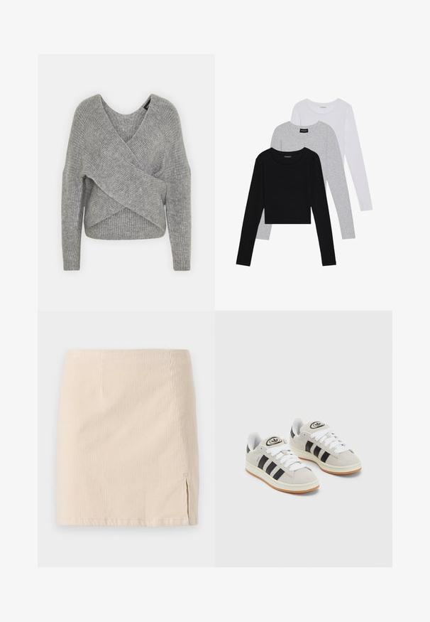 Szary sweter o luźnym kroju z głębokim dekoltem w kształcie litery V, długimi rękawami i prążkowaną teksturą. Wykonany z miękkiego materiału dzianinowego z warstwowym, asymetrycznym wzorem.; Trzy bluzki z długim rękawem ułożone jedna na drugiej: czarna, szara i biała. Każda z okrągłym dekoltem i skróconym fasonem, wykonana z gładkiego, lekkiego materiału.; Beżowa mini spódnica z korduroy o pionowym prążkowanym wzorze, z bocznym rozcięciem dla dodatkowego akcentu. Brzeg jest prosty i równomiernie przeszyty.; Szare zamszowe trampki z białymi sznurówkami, czarnymi paskami i białą gumową podeszwą. Posiadają okrągłe logo na języku oraz gumową podeszwę.
