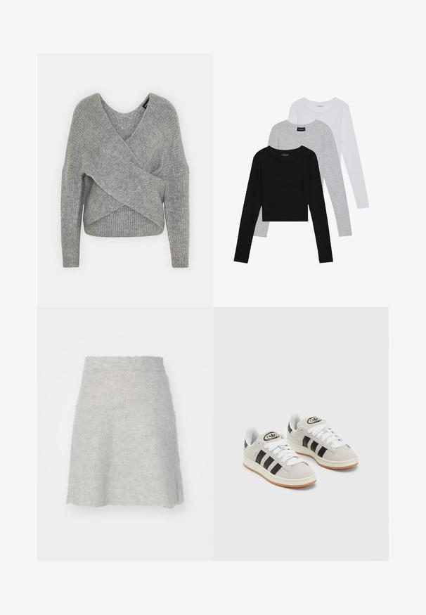 Gray wrap sweater with a deep V-neck, long sleeves, and ribbed texture. Made from a soft knit material with a layered, asymmetrical design.; Three long-sleeve tops stacked: black, grey, and white. Each has a round neckline and a cropped design with smooth, lightweight fabric.; Light gray knit skirt made from soft material, featuring a flared shape and slightly textured finish, with an elastic waistband.; Gray suede sneakers with white laces, black stripes, and a white rubber sole. Features a circular logo on the tongue and a gum sole.